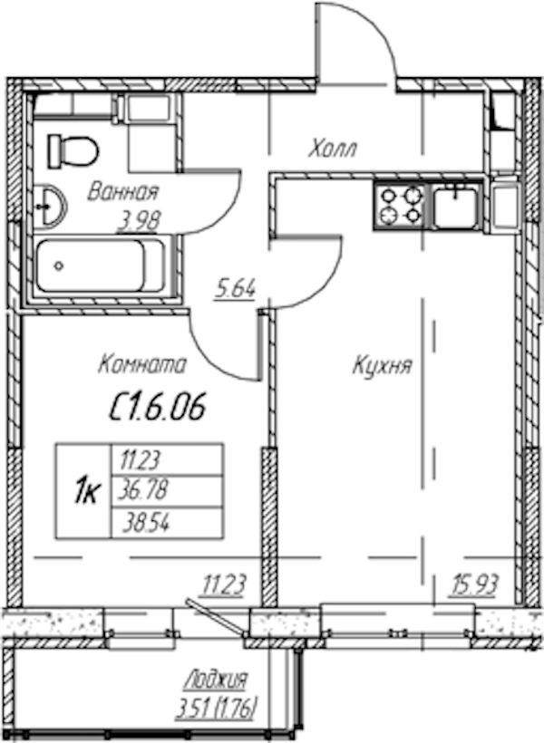 1-комнатная квартира 38.54 м², 6/22 эт., ЖК «Парк-квартал Юнтолово»